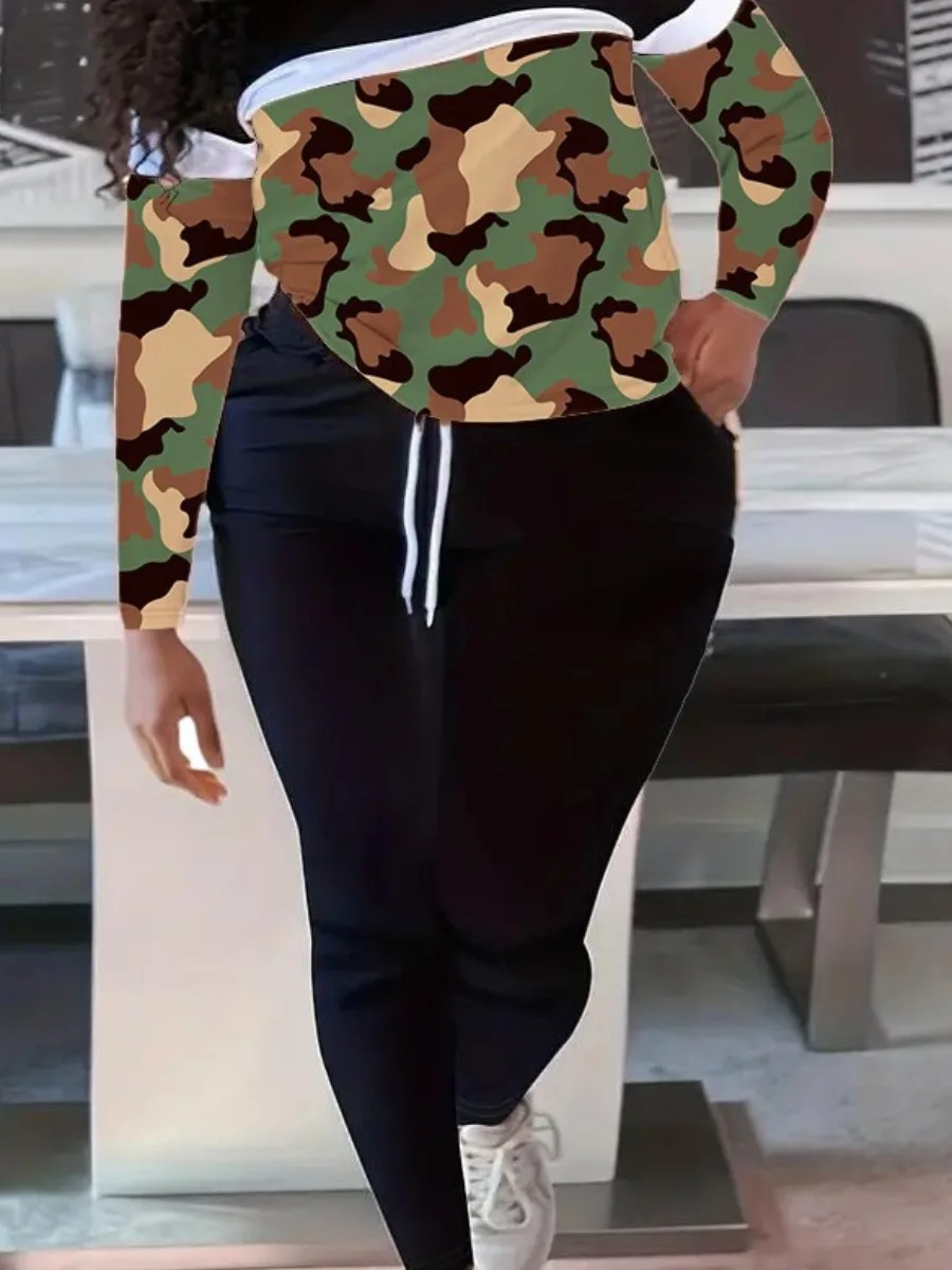 LW Plus Size Women Tracksuit 2pcs Set Camo Print Drawstring Pants Set long sleeve Spring Sweatshirts Female Fashion Trousers Sui