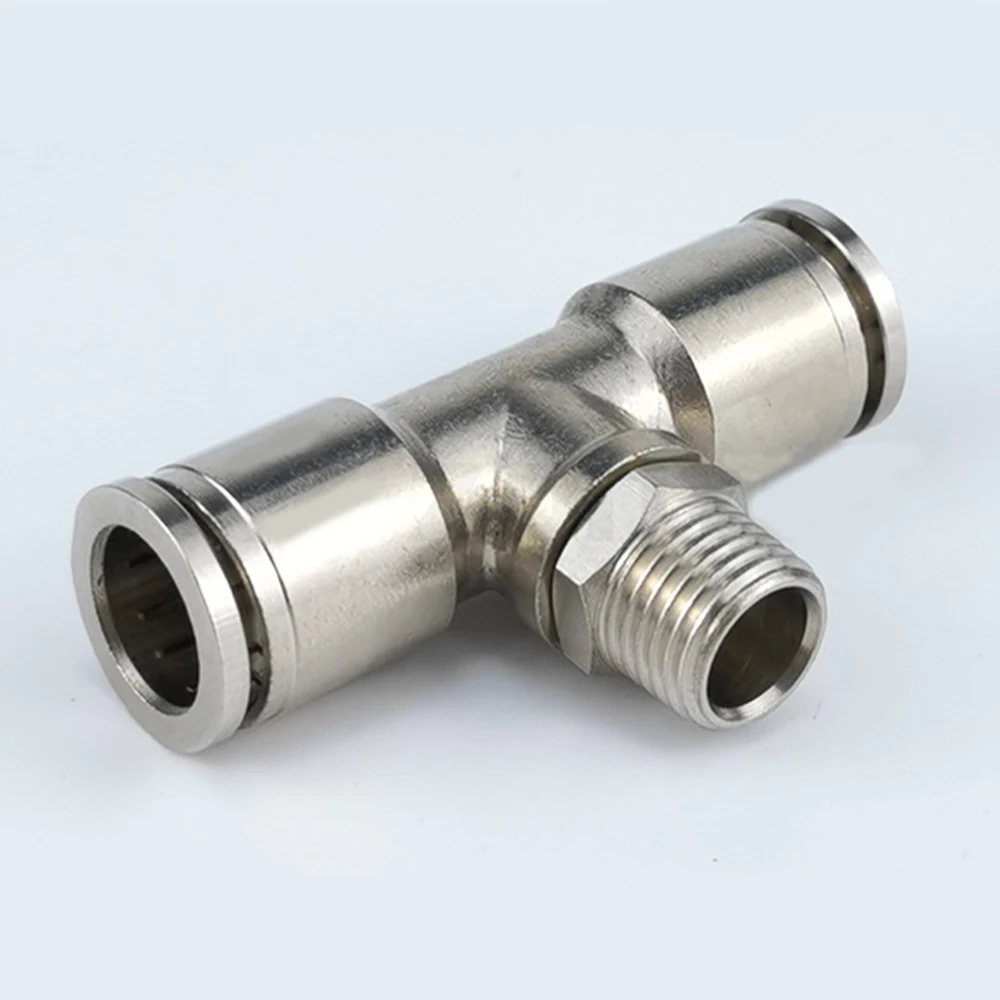 PB Pneumatic Quick Connector All Copper Nickel Plated External Thread 1BSPT/8 1/4 3/8 1/2 T-shaped Three-way PU Hose Connector