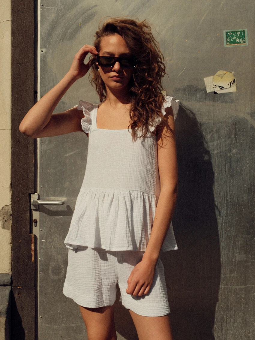 

Marthaqiqi Cotton Women Nightwear 2 Piece Suit Square Collar Pajama Short Sleeve Nightie Tank Top Nightgowns Shorts Home Clothes