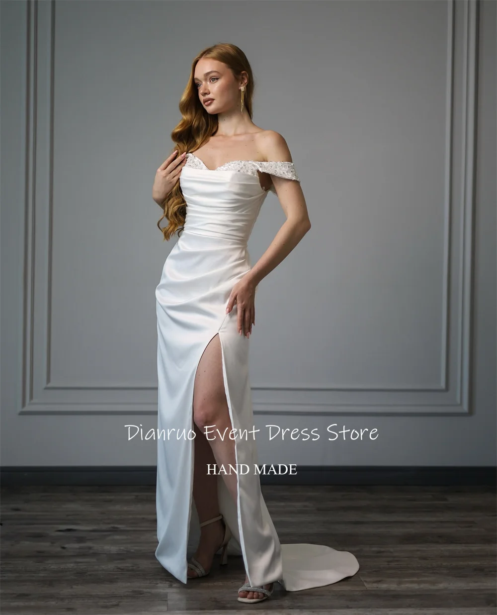 Dianruo Geraffte Mieder Anmutige Brautkleider Off Schulter Asymmetrische Vestido De Noiva Seite Schlitz Abendkleider Angepasst