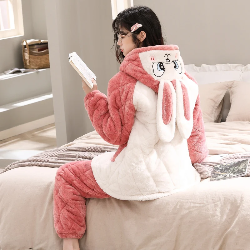 High Quality Cute Cartoon Pajamas Set Thick Three Layer Flannel Sleepwear Hooded Pyjamas Homewear Nightwear