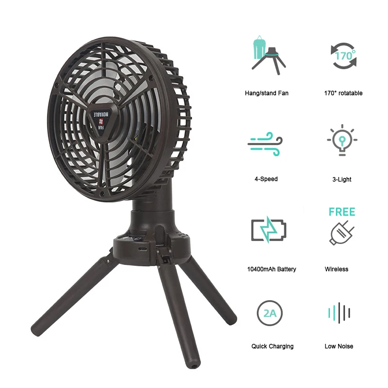 Camping Fans for Tents 10400mAh USB Rechargeable Battery Operated Fans with LED Lantern Folding Tripod 170°Auto Rotation