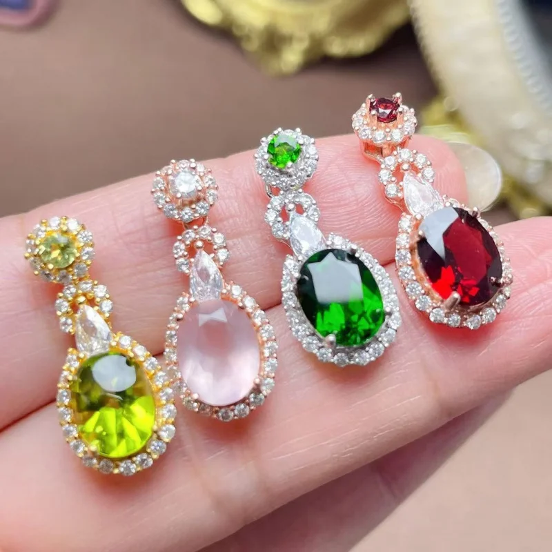 

Pendant 925 Silver Inlaid With Natural Peridot, Pink Quartz, Garnet, Translucent Surrounding Diamonds, Oval 7X9Mm Women