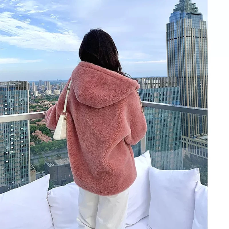 Lambswool Teddy Coat Women Hooded Women Jacket with Zipper CX-G-T-33C