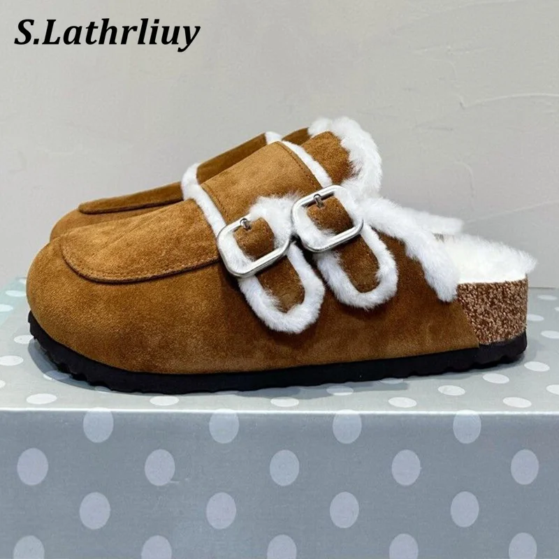 

Thick Bottom Closed Toe Half Slipper Women's Belt Buckle Fur Casual Slippers Spring Autumn Non-slip Outdoor Lazy Mules Shoes