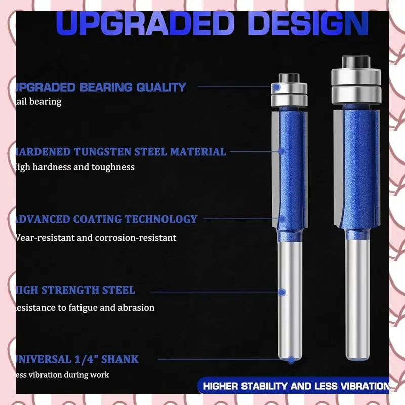 

HHTL 4PC Straight Router Bits Kit 1/4 Inch Shank,Bottom Top Bearing Flush Trim Router Bit Set Flush Cut Router Bit For Woodworki