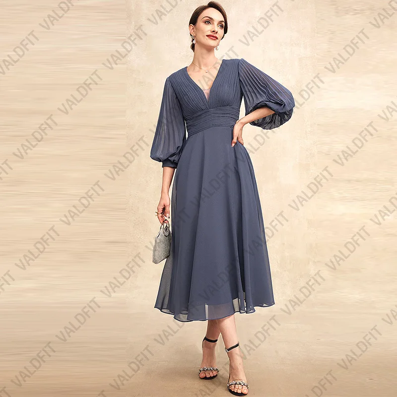 

Customized Tea Length Stormy Blue Mother of the Bride Dresses with Sleeves for Wedding Party Dress gelin annesi abiyeler 2024