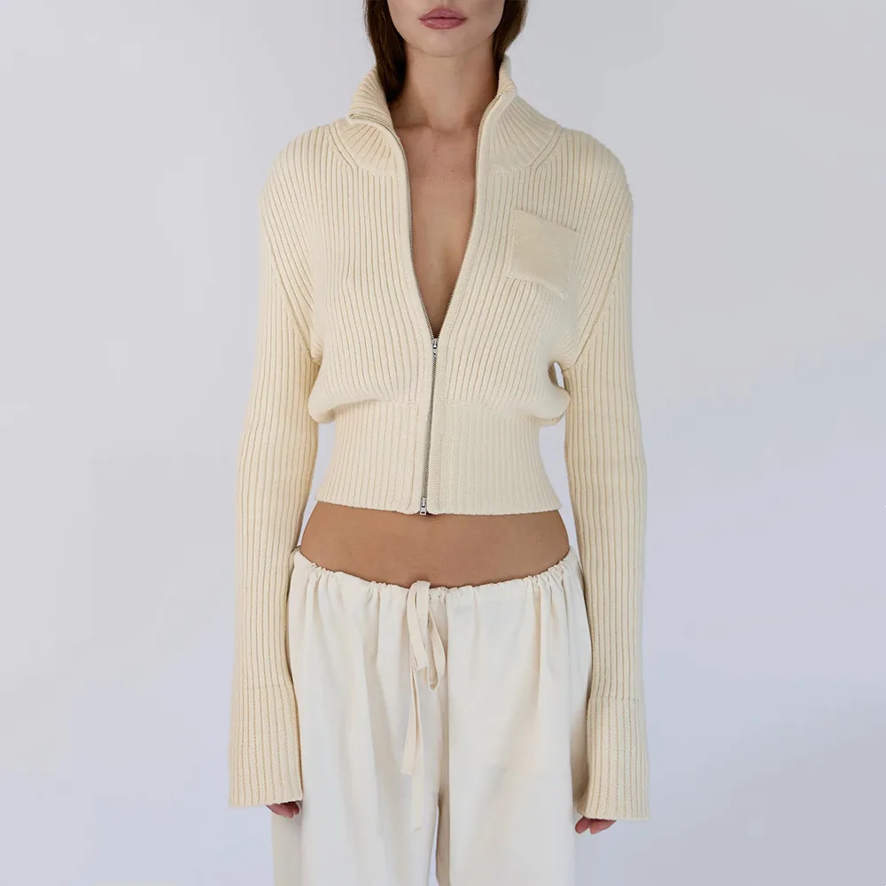 

Absobe женская вязаная куртка с двойной молнией и воротником-стойкой, тонкий кардиган с длинными рукавами, однотонная модная уличная одежда, повседневный свитер, верхняя одежда