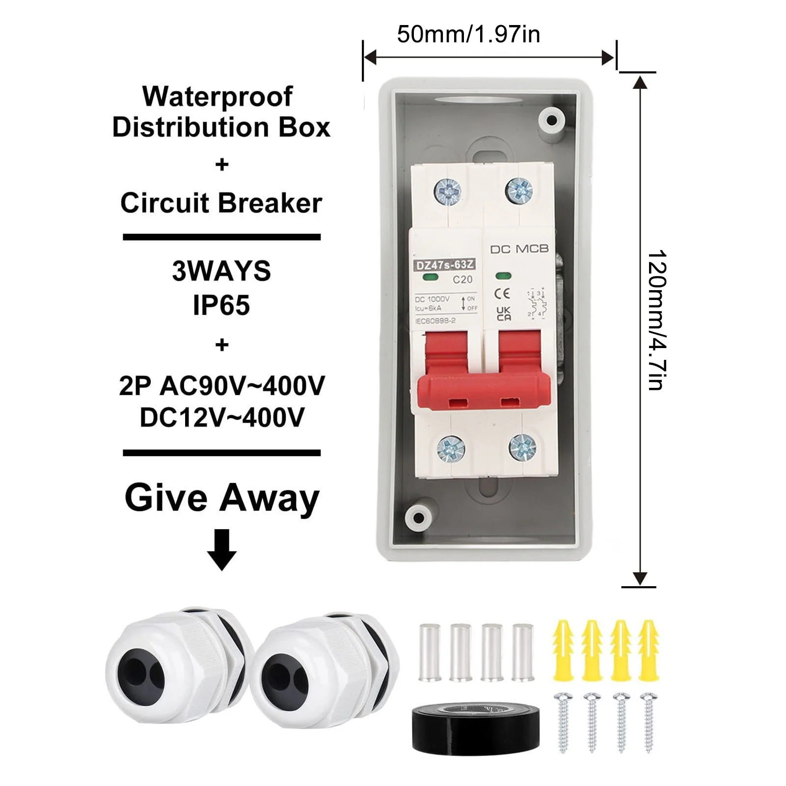 2P Miniature Circuit Breaker IP65 Waterproof Disconnect Switch for Solar PV System DC 1000V 20A