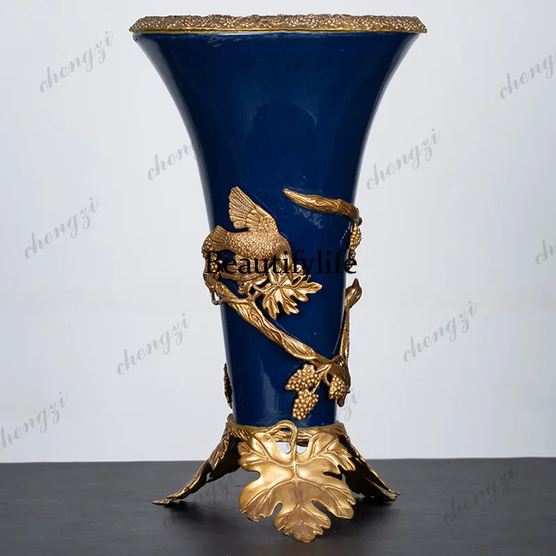 Ji blue glaze with copper vine grape double magpie vase Jingdezhen modern porcelain ornament