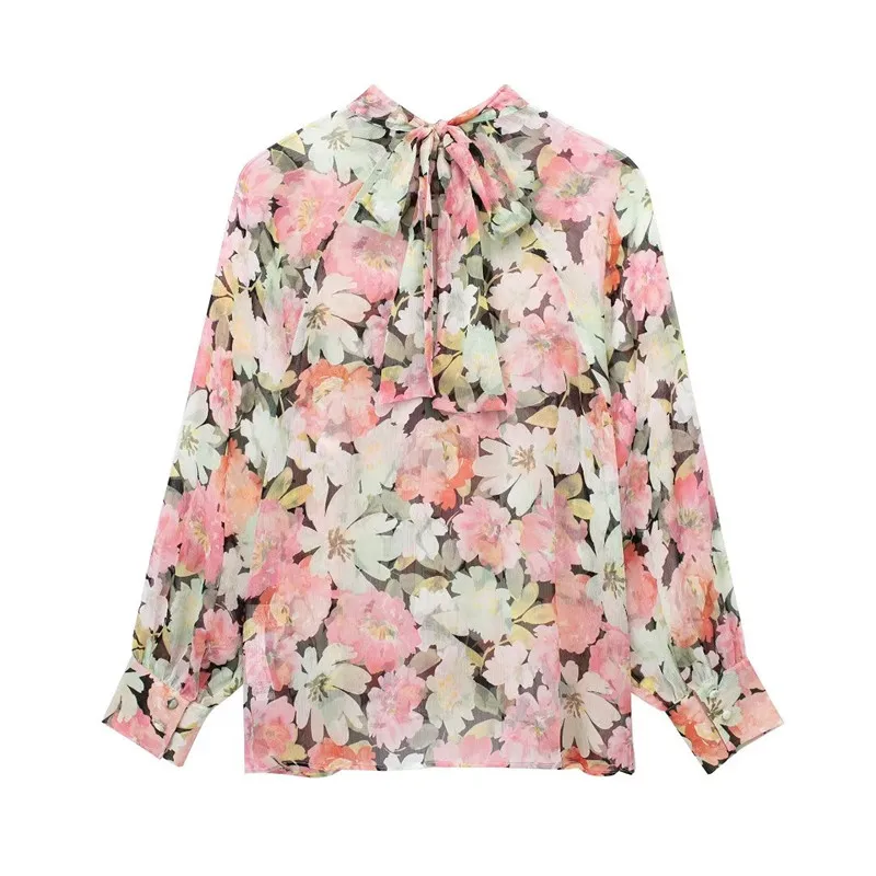 Spring Summer  Women's Versatile  Knot Printed irt Commute Sle Long Sve Floral Patterned Stand Collar Blouse
