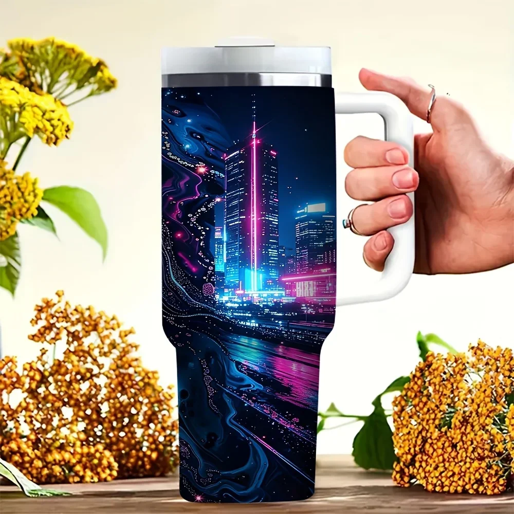 40Oz Tumbler with Handle, Neon Cyber City Fluid Marble Print, Fits Both Hot And Cold Drinks, Perfect for Adults Who Love Cyberpunk Style, Suitable for Outdoor Travel, Daily Commuting, Camping, And Leisure Activities