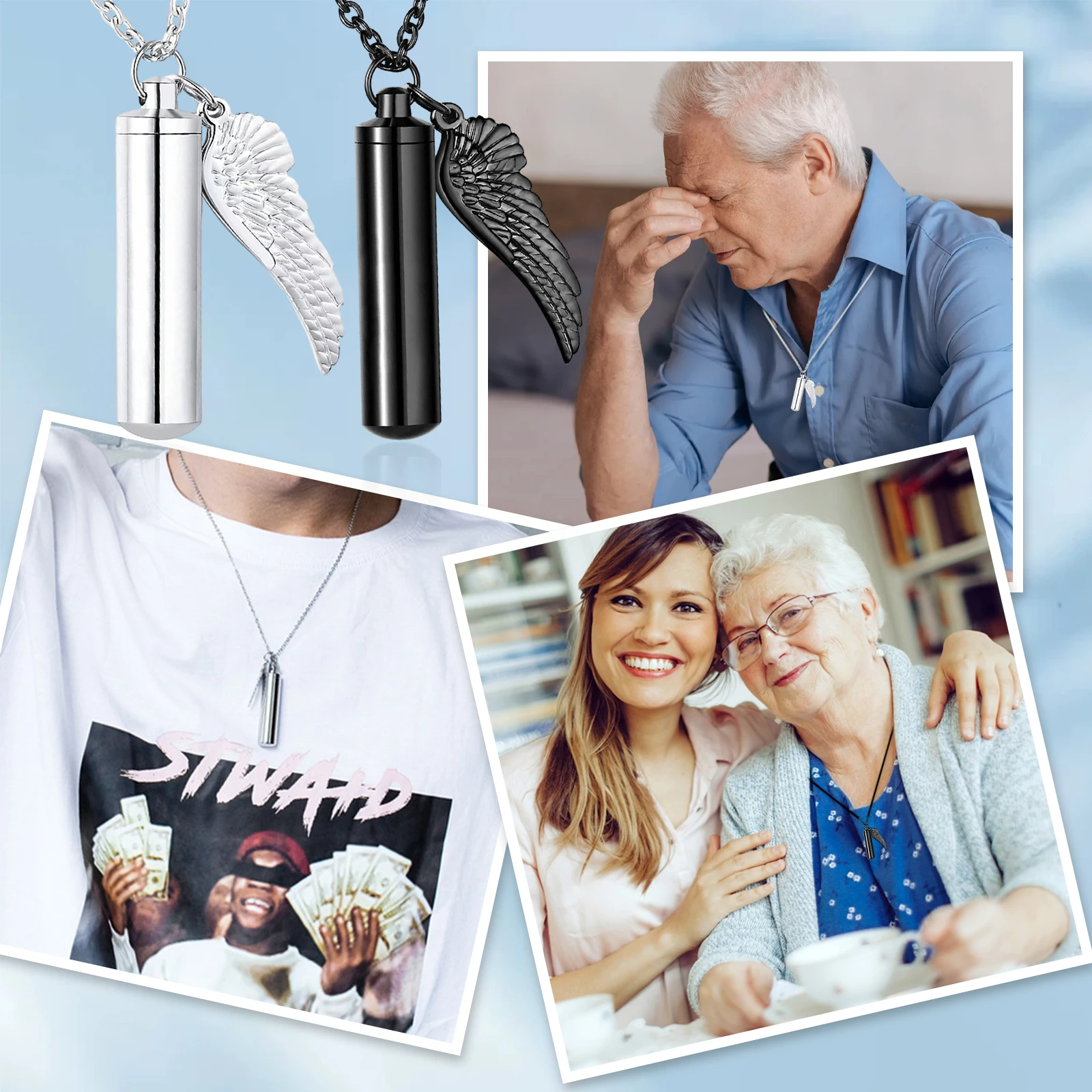 2 قطعة قلادة رماد الجرة للجنسين حامل مجوهرات من صلب لا يصدأ اسطوانة قلادة مع مخلب الحيوانات الأليفة وجناح الملاك قلادة تذكارية