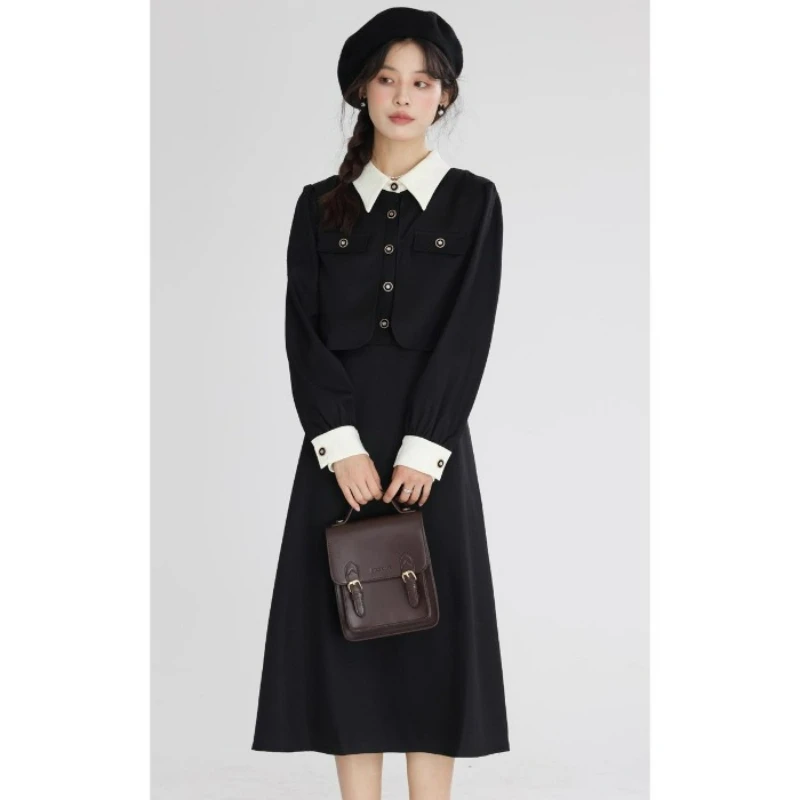 

Осеннее элитное элегантное новое модное женское платье с завязкой на талии, черное платье больших размеров с длинными рукавами во французском стиле