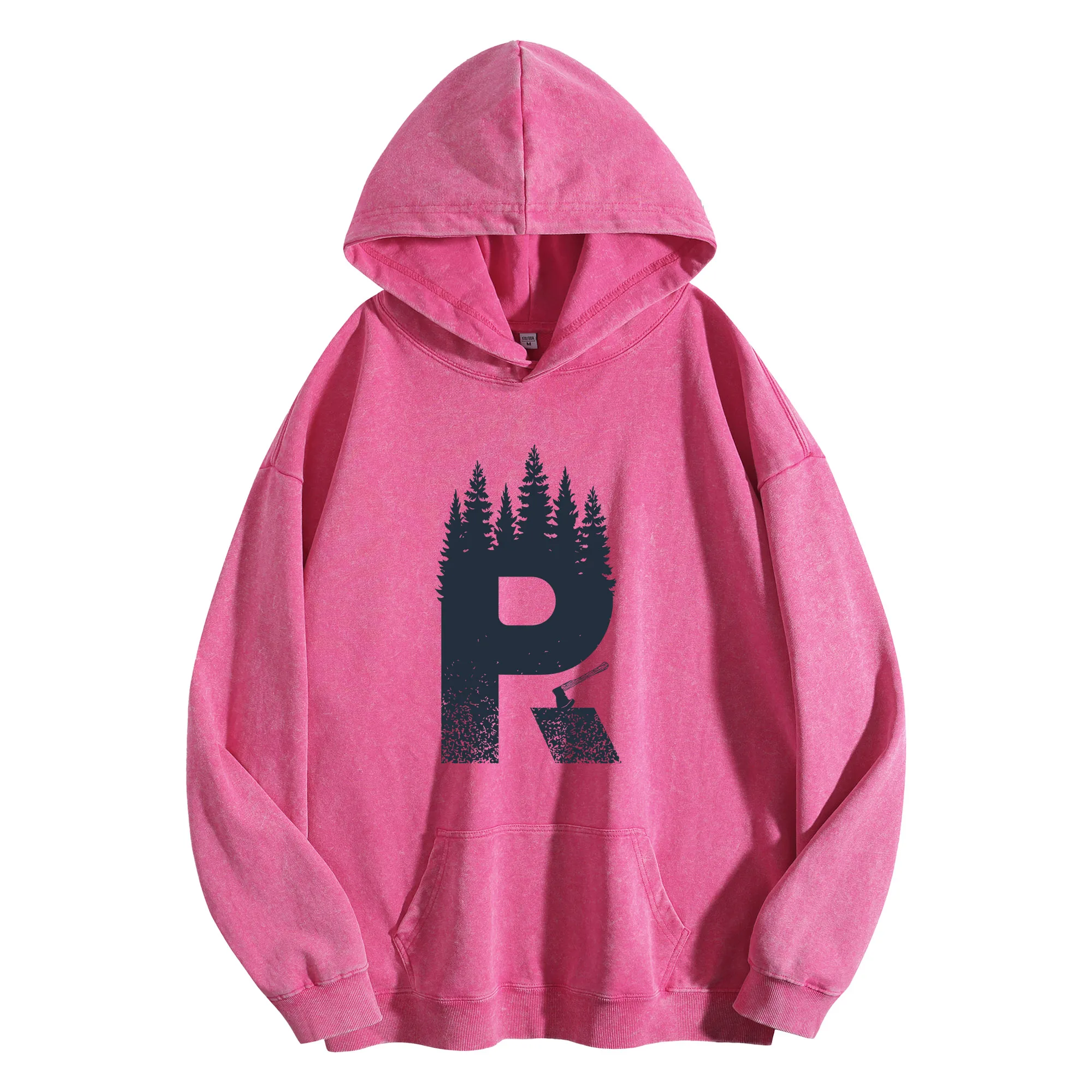 سترة بغطاء للرأس كلاسيكية مغسولة 400G مطبوعة برسومات Forest R للجنسين، بلوفر كبير الحجم، مجموعة الخريف/الشتاء #2