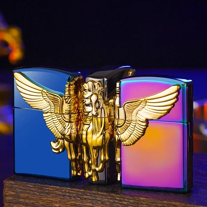 Three Sides Relief Three-dimensional Pegasus Shape Electroplating Alloy Wheel Inflatable Open Flame Lighter