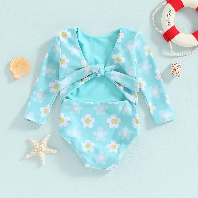 Baby Girl Swimwear Summer Floral Print Back Bandage Knot Cutout Monokini Swimsuits for Toddler Bathing Suits Beachwear