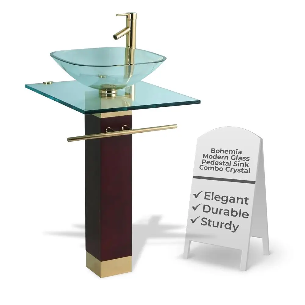 

Bohemia Tempered Glass Pedestal Sink Combo with Gold Faucet, Drain and Towel Bar, Modern Bathroom Sink, 33 H x 235 8 W x 193 4