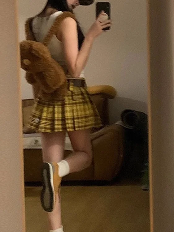Retro Yellow Plaid  Skirt Women's Summer New Design Sensation Anti-Light Short Skirt School Uniform Style High Waist Plea...