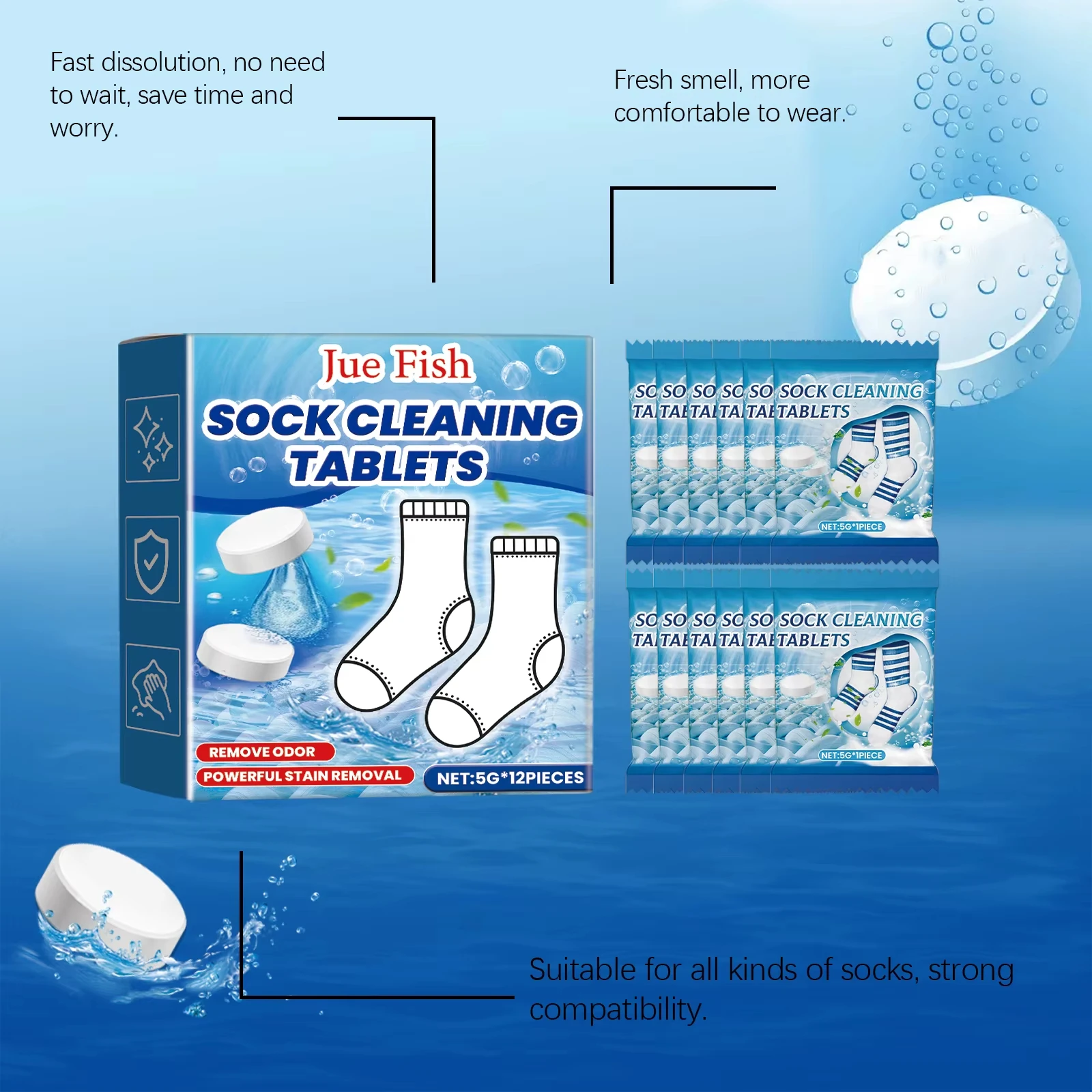 12/24 pçs comprimidos de limpeza de meias poderoso suave mancha removedor de odor forte descontaminação detergente comprimido efervescente para meias