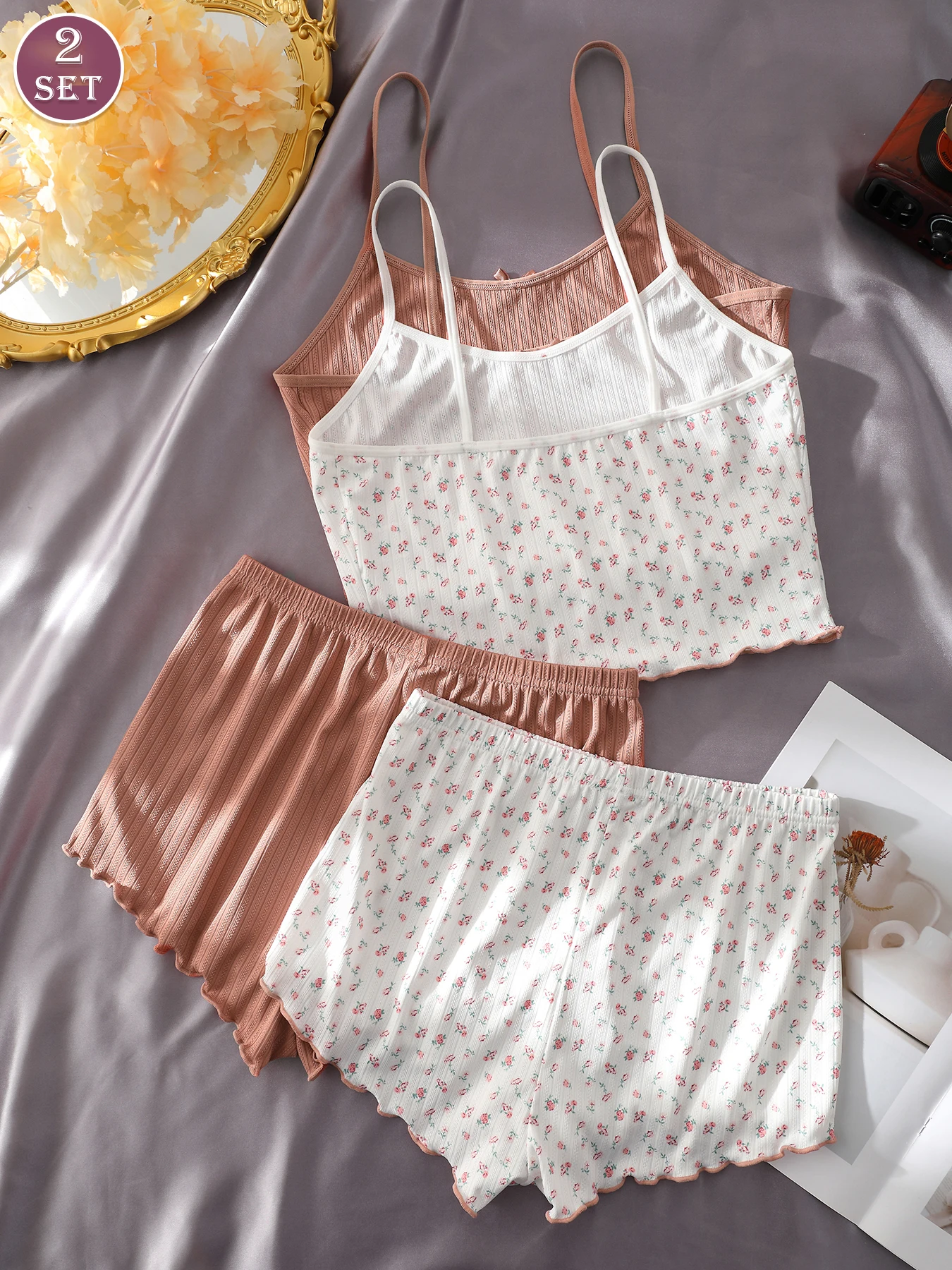 

2 Sets Women's Ribbed Cami Pajama Set, 2 Piece Sleepwear Loungewear