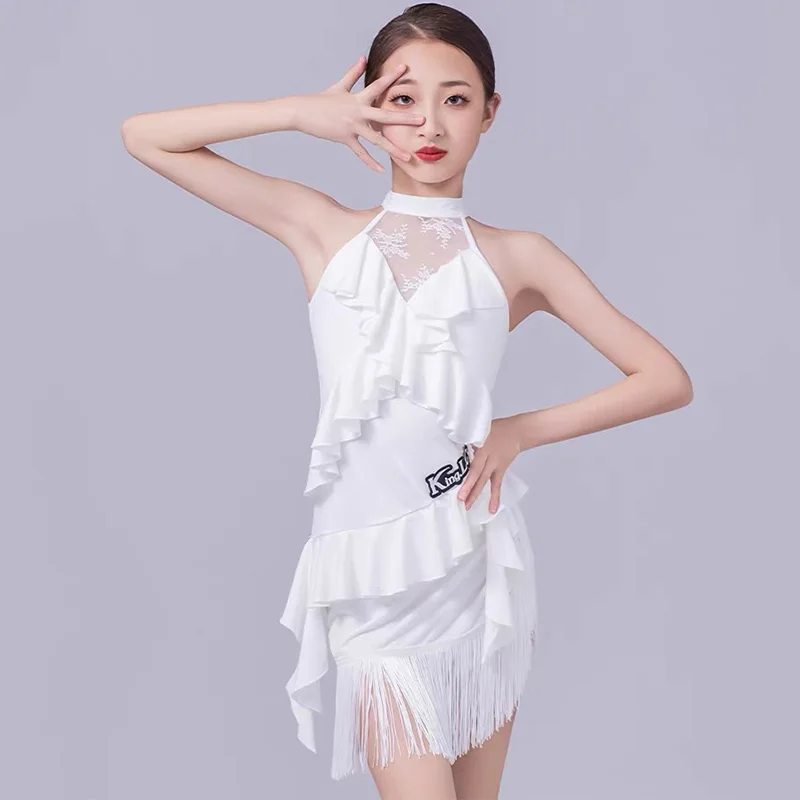 

White Lace Latin Dance Dress Girls Summer Sleeveless Fringe Dress Performance Competition Clothing Cha Cha Rumba Dress DNV19756