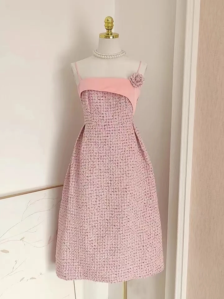 Luxury High Quality Summer Women Tweed Wedding Formal Occasion Sequined Pink Brooch Spaghetti Strap Party Evening Dresses