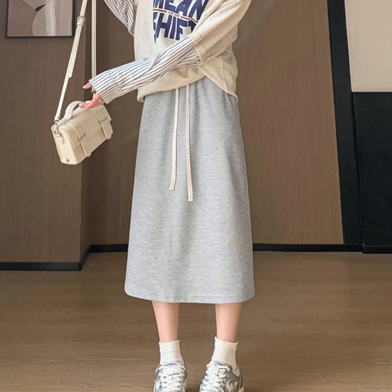 New High Waist A-Line Skirts for Women Korean Back Slit College Long Skirt Autumn Simple Versatile Pocket Drawstring Midi Skirt