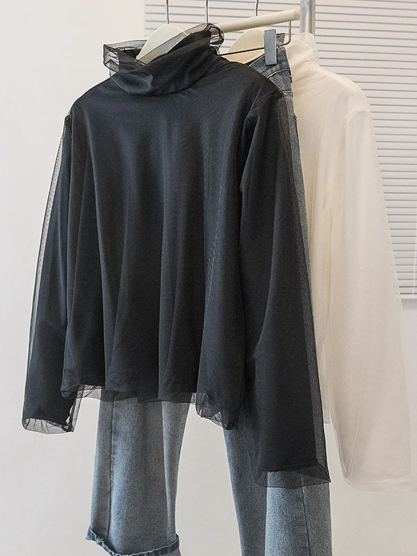 

plus Size Women's High Neck Mesh Design Soft T-Shirt Korean Style Commute Wind Loose Fit Long Sleeve Winter Base Layer Top