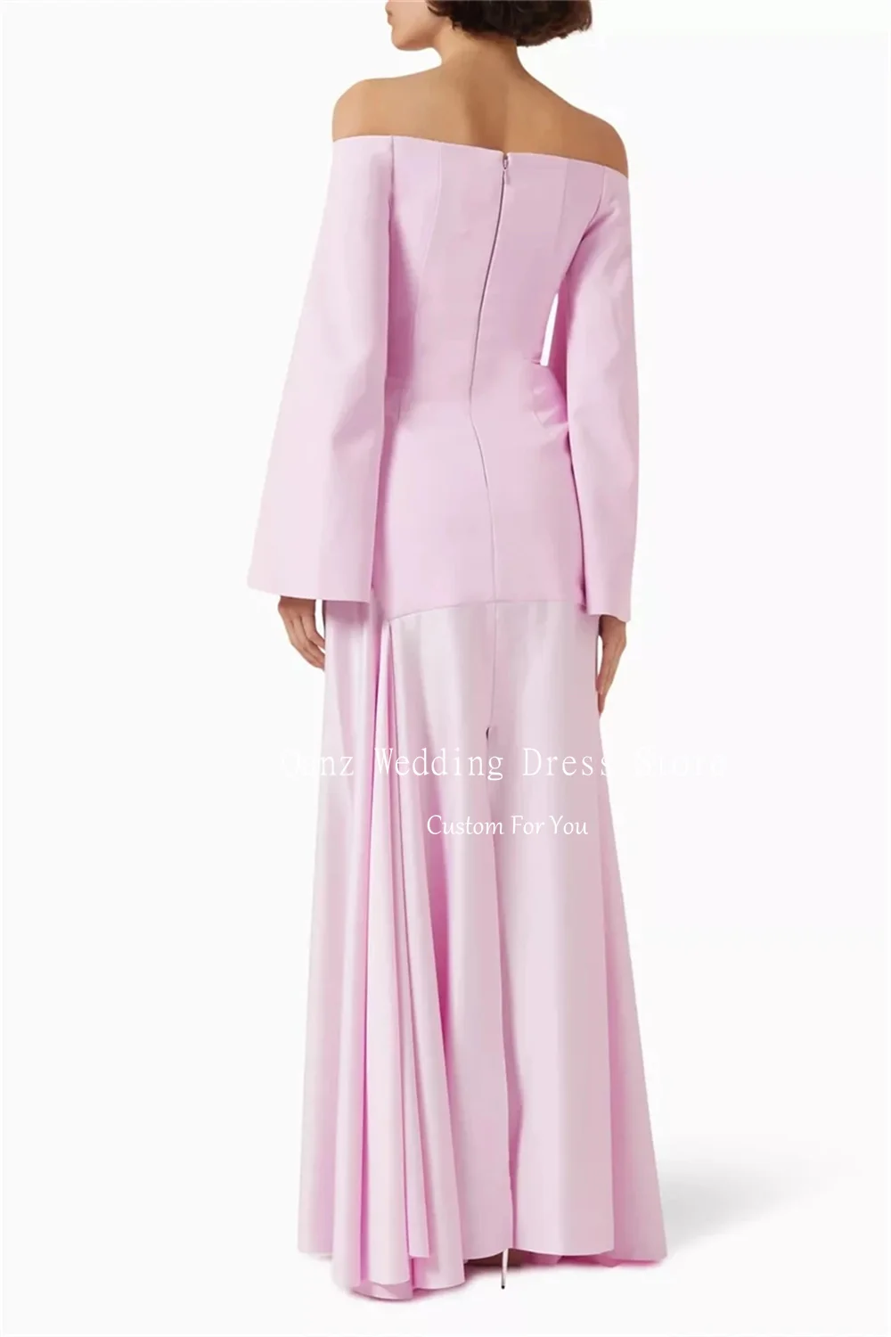 Qanz Pink Satin Evening Dresses Off Shoulder Long Sleeves Formal Occasion Wedding Party Dress Women Vestidos De Gala Customized