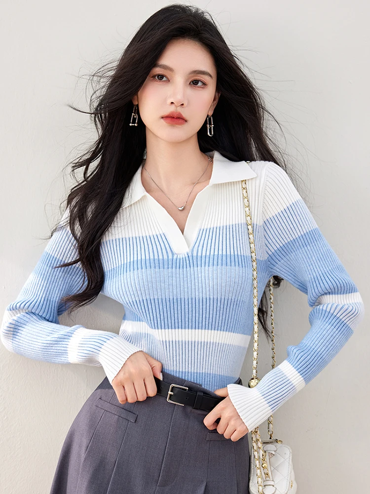 Women\'s Gradient Contrast Retro Pullover Sweater Korean Fashion Long Sleeve Lapel Slim Fit Top Casual Versatile Knitted Sweater