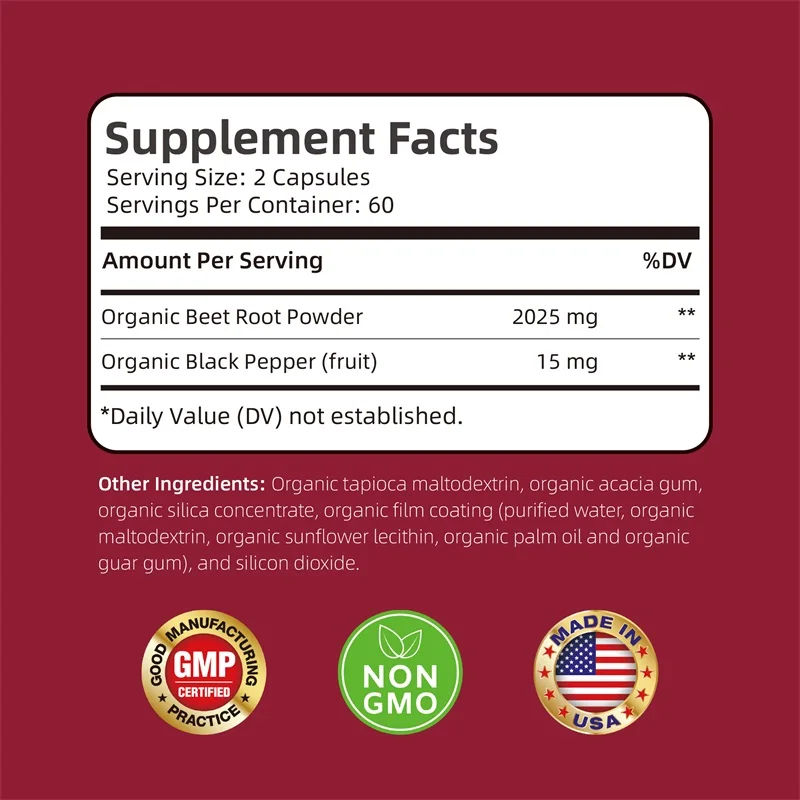 Beet Root Capsules - Beetroot Powder Supports Blood Pressure, Digestive, Immune System, Non-GMO & Gluten Free