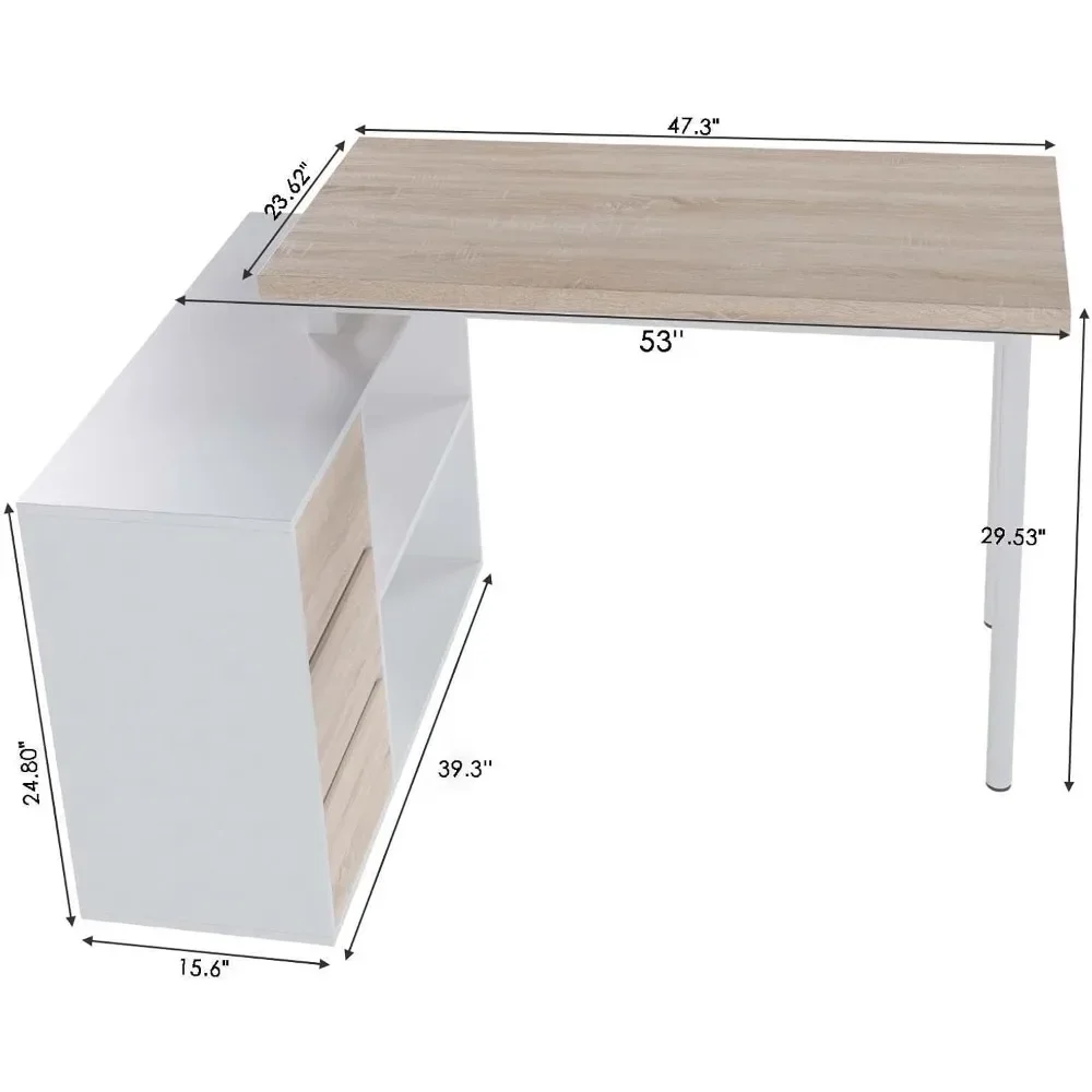 55-inch Computer Desk with 3 Drawers and 2 Shelves, L-Shaped Study Writing Desk with Storage，Walnut Home Office Desk