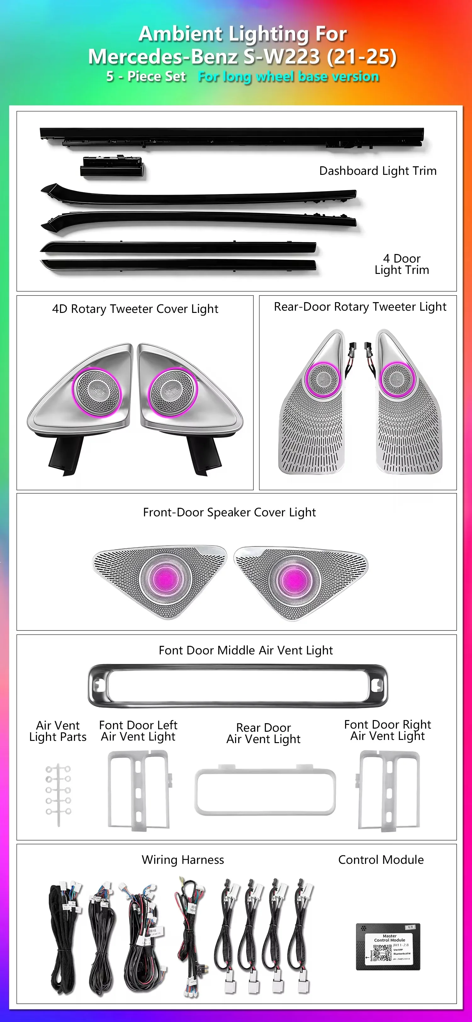 ICarsin For Mercedes Benz S-class W223 Long-wheelbase 2023-2026 Ambient Light 64 Color Dynamic LED Lighting Upgrade Accessories