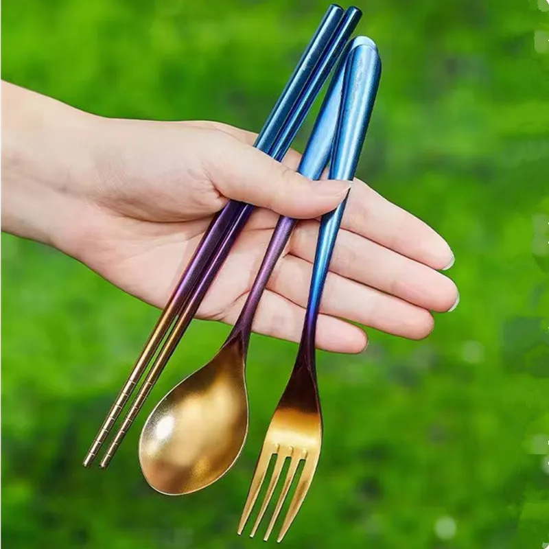 Fork Spoon Chopsticks 3 Pieces Travel Camping Portable Utensil Set for Lunch Box with Case Dishwasher Safe Ti Kitchen Tableware