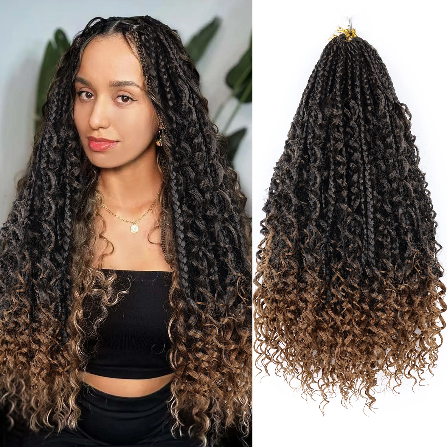Goddess Bohemian Box Braids Crochet Hair - 18 Inch Curly Ends, 16 strands/pack Synthetic Braiding Hair Extensions for Women