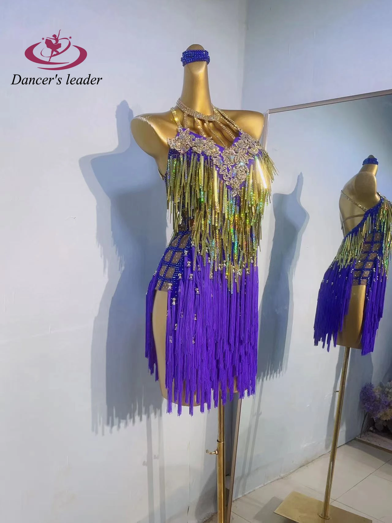 Latin Dance Stage Rhinestone Women's High-end Customized Gold Strap, Purple Tassel, American Samba Performance Costume Dress