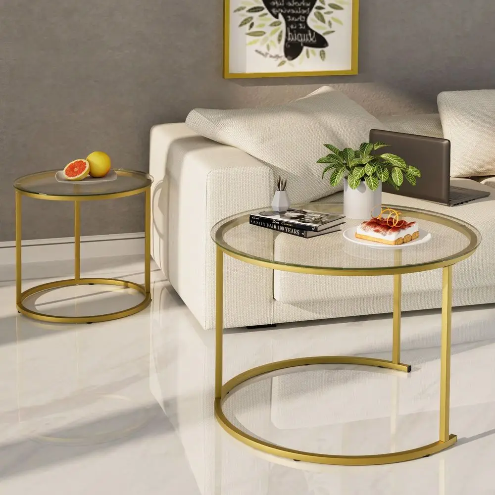 

Nesting Coffee Table Set Of 2 Small Glass Nesting Tables For Living Room Bedroom Accent Tea Table With Metal Frame Modern