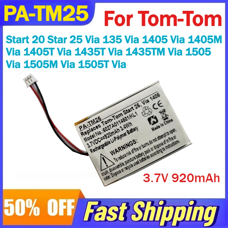

PA-TM25 Battery For Tom-Tom Start 20/25 Via 135/1405/1405M/1405T/1435T/1435TM/1505/1505M/1505T GPS Compatible KL1 6027A0114501