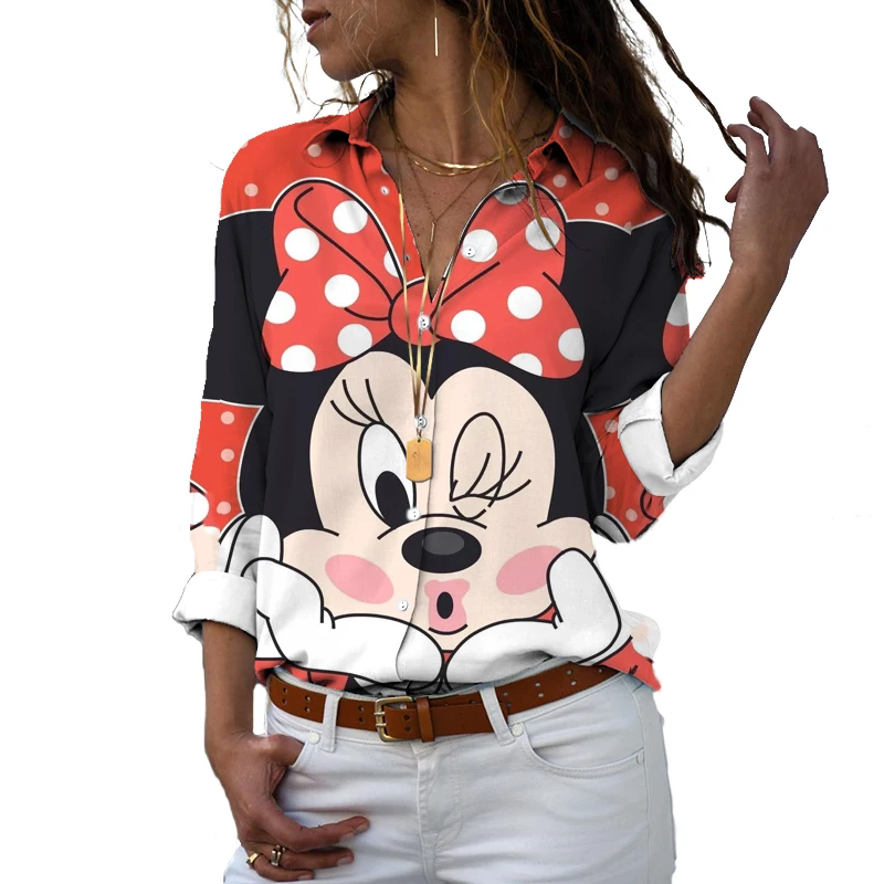 Camisa estampada feminina Minnie Cartoon, manga comprida, de peito único, lapela, Harajuku, moda casual, outono, Y2K, 2024