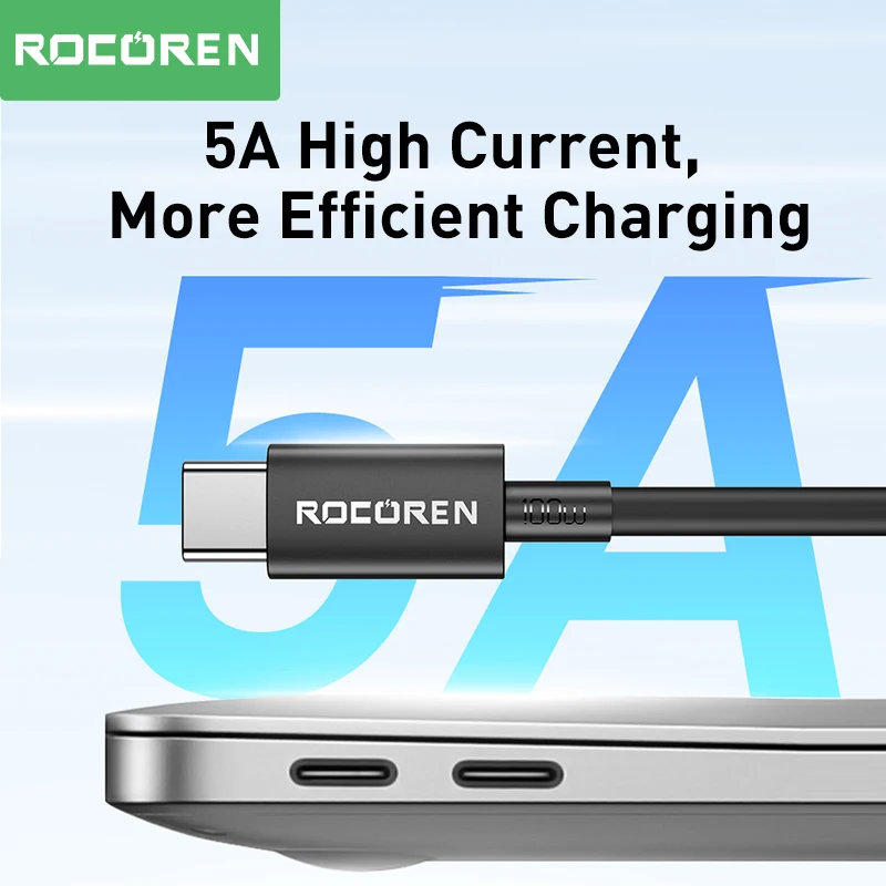 Rocoren 100W USB C To USB Type C Cable USBC PD Fast Charging Charger Cord USB-C 5A TypeC Cable For Macbook Samsung Xiaomi POCO