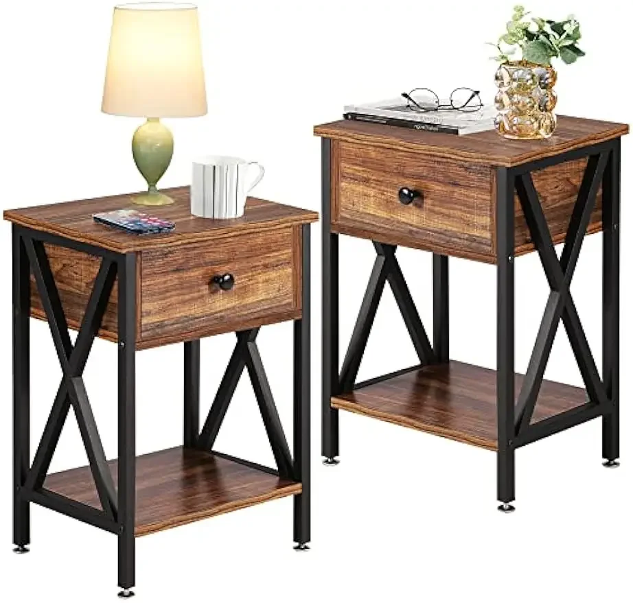 X-Design Side End Table Nightstands, Night Stand, prateleira de armazenamento com gaveta Bin, sala de estar, quarto, lounge, conjunto de 2, Nightstands modernos