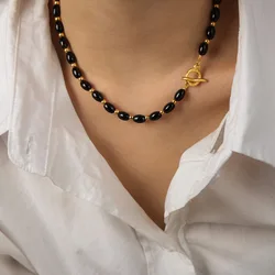 New Fashion Agate Beads Necklace For Women Stainless Steel OT Button Handmade Beaded Women's Necklace Luxury Woman Jewelry
