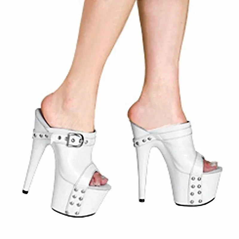 17CM High Heeled Shoes Thick Platform Gothic Shallow Slippers Rivet Big Size 7 Inches White Party Buckle Strap Cross Dressing