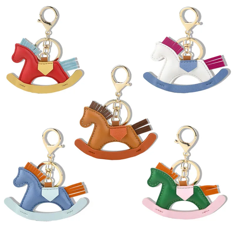 Women Leather Charms Bag Pendant KeyChain Cartoon Pony Rocking Horses Keyring Cute bag ornament Accessories Decoration Gift