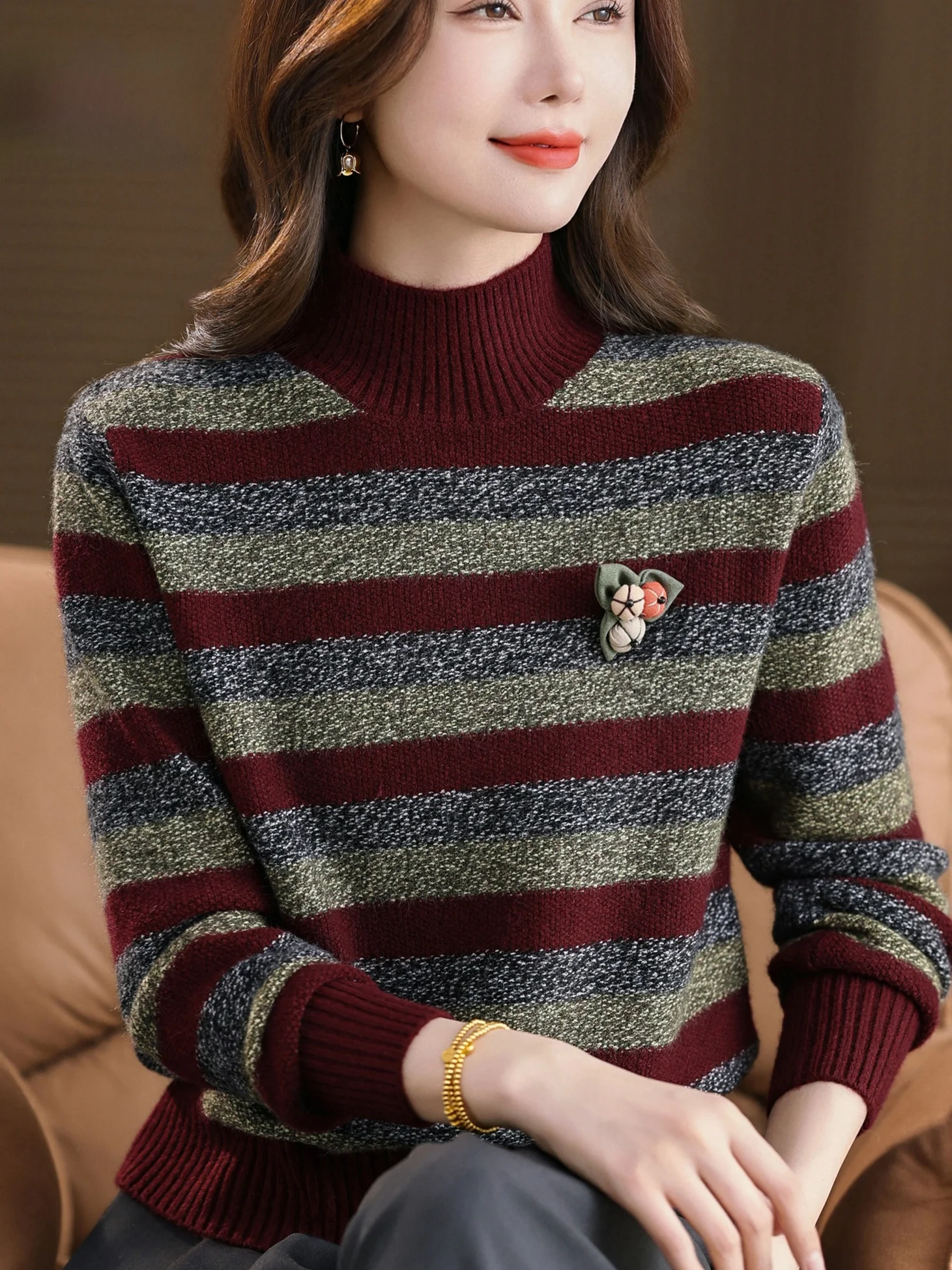 

Thiened f вязаный базовый свитер с высоким воротником, женский свитер 2025 в полоску с рисунком, Новое поступление, свободный крой в стиле ретро