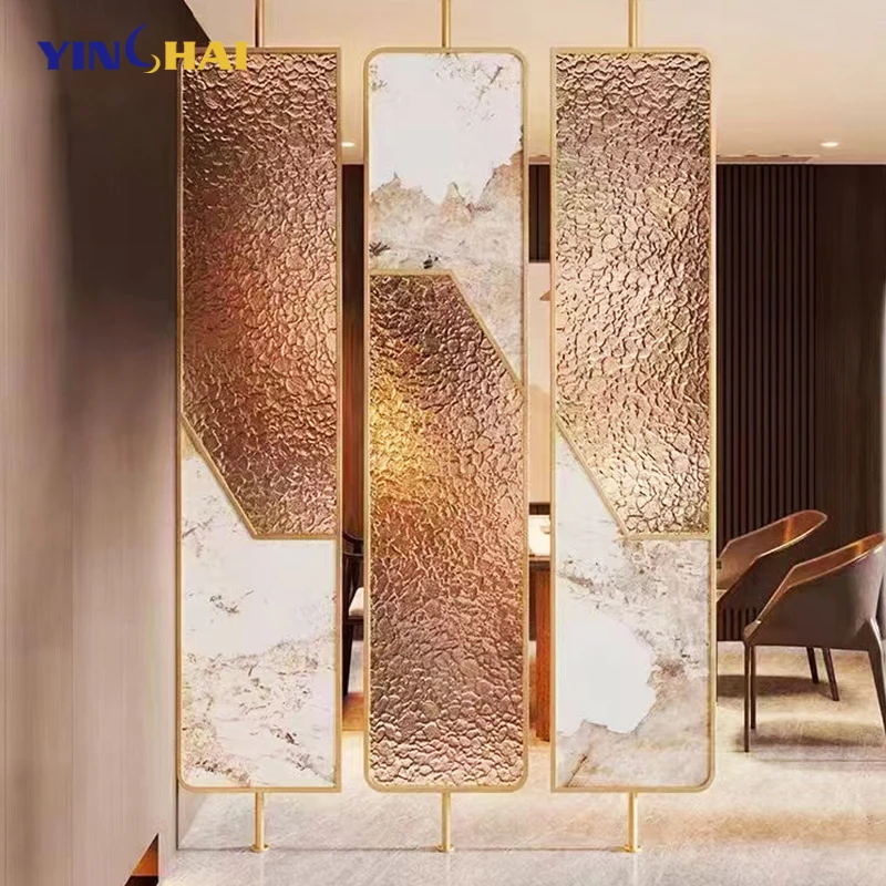 New Design Modern Luxury Rectangle Glass Marbled Rotatable Stainless Steel Metal Partition Glass Divider Oval Wall Dividers