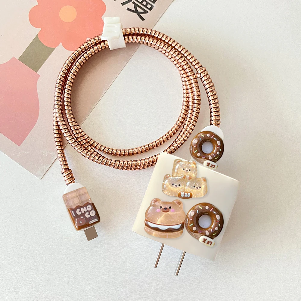 Cute Brown Bear Data Cable Protective Case Made Of Silicone Full Protection Compatible for iPhone 18-20W Power Adapter Chargers