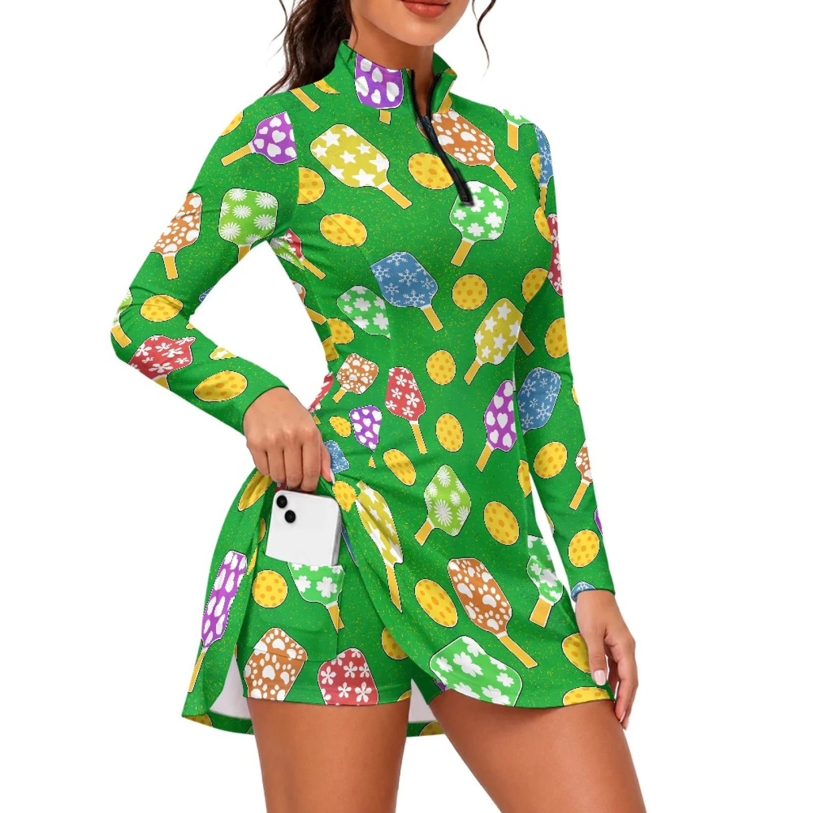 PENSTROLL Pickleball Paddle Print Tennis Dress Long Sleeve Golf Dress with Shorts 2 Pieces Long Sleeve Women's Golf Dress