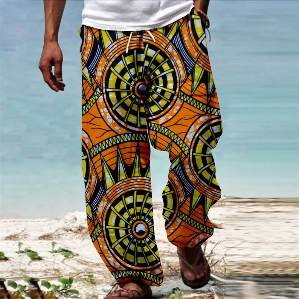 Men African Dashiki Traditional Style Casual Trouser Summer Hawaii Holiday Ankara Beach Drawstring Wide Leg Straight Pants